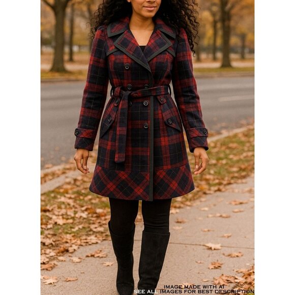 Y2K Steve Madden Plaid Coat L Overcoat Belted Wool Blend Tartan Cozy Academia - Picture 1 of 10